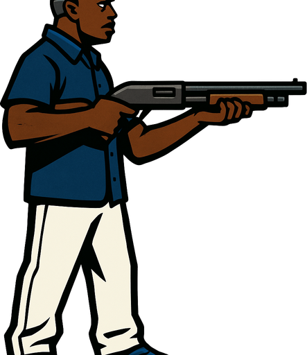 un pandillero negro con camisa azul oscuro y pantalon blanco usando una escopeta con la perspectiva lateral de cuerpo completo.
In-Game asset.  2d.  High contrast.  No shadows