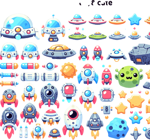 Spritesheet, modern, mobile game, cute, fun.
Including spaceships, UFOs, Guns, Boosters, Powerups, Asteroids..
In-Game asset. 2d. Blank background. High contrast. No shadows.
