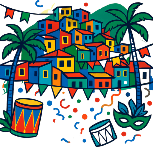 A Rio-style cityscape with colorful houses, palm trees, and carnival decorations. Bright and fun atmosphere for samba drums..
In-Game asset.  2d.  High contrast.  No shadows