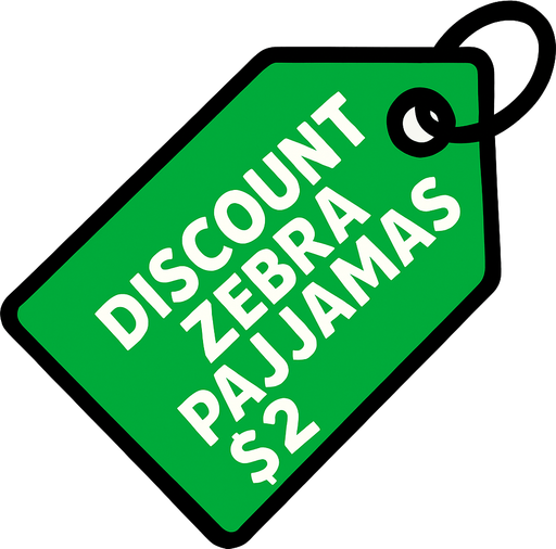 green price tag that says discount zebra pajamas $2.
In-Game asset.  2d.  High contrast.  No shadows