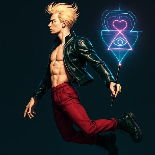 Swishy graceful man Cyberpunk manga, side profile view, flying flight levitation magic spell action shot shiny black leather biker jacket longsleeves shirtless Skinny abs blonde pompadour guy, dynamic motion lifting off ground wine red joggers combat boots, gemstone tipped magic wand heart triangle eye sigil hologram 3d neon, tilting forward legs relaxed toes pointed arms relaxed at sides, Background removed, "Full-body character, entirely in frame, no cropping of face, head, or feet" "Complete character visible, from head to toe, fully centered in the image" "Entire character, including face and boots, fully within the frame" Character fully contained within a square frame, no edges cut off fashion model pose style of Vogue magazine