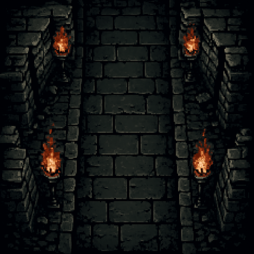 Koridor yukarıdan bakış dark souls style 2d pixel art.
In-Game asset.  2d.  High contrast.  No shadows
