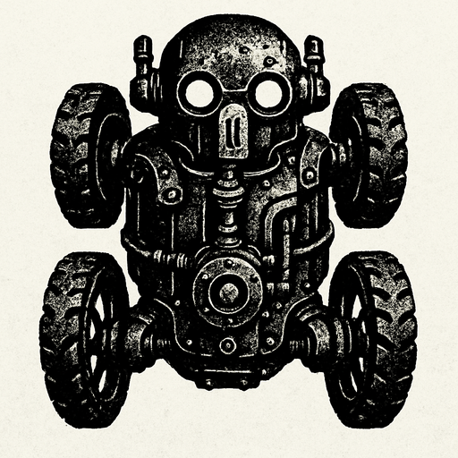 has un robot negro tipo auto steampunk con aspecto desgastado que se mueva con llantas y este en una vista desde arriba

In-Game asset.  2d.  High contrast.  No shadows