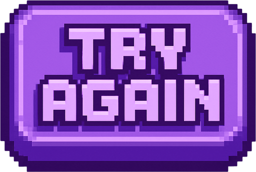 Pixel art “Try Again” button, retro arcade style, purple tones, soft shadows, chunky text, fits rhythm game UI..
In-Game asset.  2d.  High contrast.  No shadows