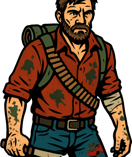 Un hombre que parece que sobrevivió a un apocalipsis zombie.
In-Game asset.  2d.  High contrast.  No shadows