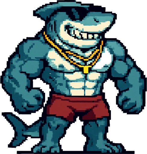 Tiburón furry fuerte sin camisa y con shorts, que en la cara lleve unas gafas de sol, que lleve colgantes y que sea pixeleado que se vea todo su cuerpo 
In-Game asset.  2d.  High contrast.  No shadows