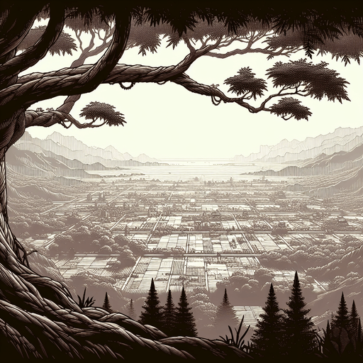 From the vantage point of a lofty tree branch, the world unfolds in a panoramic display of nature and human activity..
Single Game Texture. In-Game asset. 2d. Blank background. High contrast. No shadows.