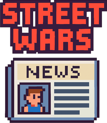 this is the street wars article in the main menu but pixel art style . No background. Transparent background. Blank background. No shadows. 2d. In-Game asset. flat