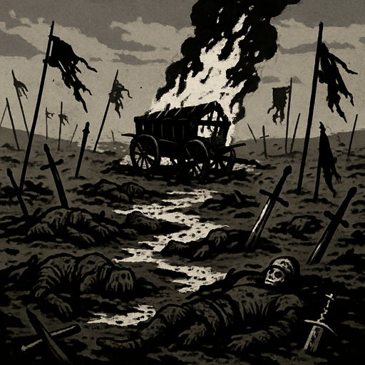 A war-torn battlefield with broken swords and burning wagons, muddy bloodstained ground, corpses under grey skies, banners torn and forgotten, realistic.
In-Game asset.  2d.  High contrast.  No shadows