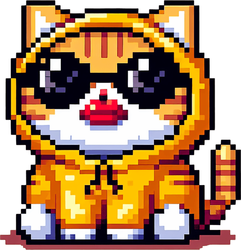 The character in the image is now envisioned as a pixel-art masterpiece, akin to a legendary golden NFT. This orange tabby cat, with its distinct stripes, is brought to life using a luxurious palette of golden and orange square pixels. The round face is accentuated by large, black pixels for eyes, shielded by opulent, oversized, round, dark opaque sunglasses crafted from golden pixels. The cat's signature, exaggerated red pout, resembling a duck's bill, is rendered in a rich, golden hue, stretching across the entire width of its face, adding to its rarity and allure. The body, deliberately smaller in pixel size compared to its head, is designed to enhance the character's cute, chubby appearance, all in golden tones to emphasize its legendary status. Adorned in a simple, light-colored hoodie with a golden pixelated drawstring, the cat sits with its paws visible in front, maintaining a relaxed posture. This creation, with its playful and whimsical pixel art style, embodies the essence of a luxurious and rare digital collectible, perfect for a high-value NFT mascot or a character in an exclusive digital children's book..
Single Game Texture. In-Game asset. 2d. Blank background. High contrast. No shadows.