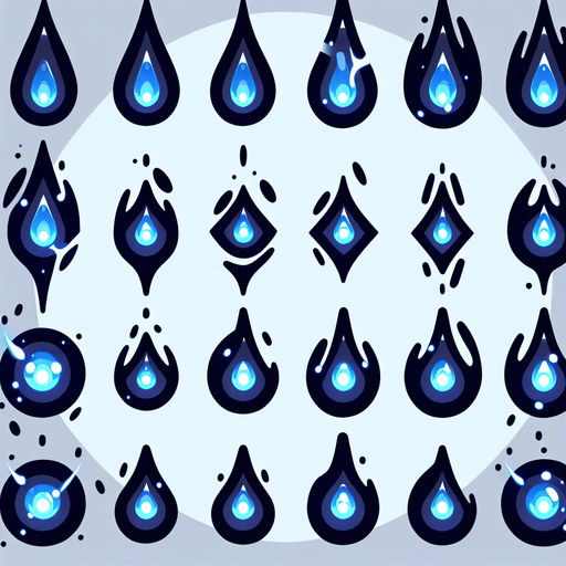 A sprite sheet of energy projectiles. Dark blue projectiles tear shaped with light blue energy core.
Single Game Texture. In-Game asset. 2d. Blank background. High contrast. No shadows.