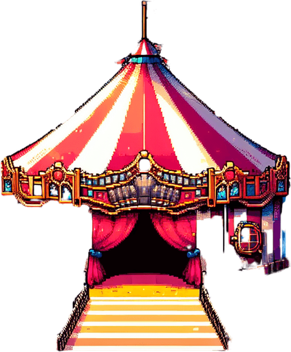 8 bit colorfull image about anime image of circus tent at city field.
Single Game Texture.  In-Game asset.  2d.  Blank background.  High contrast.  No shadows