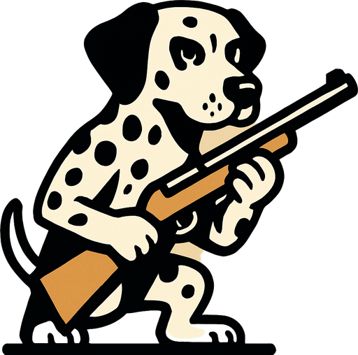dalmation dog holding a gun.
In-Game asset.  2d.  High contrast.  No shadows. hunting