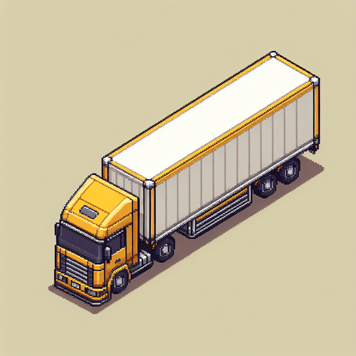 "Top-down view of a long yellow truck with a brown or white cargo container, pixel art style, 64x128 size, minimal retro arcade design, designed for a mobile endless driving game, clearly visible front cab and rear body, vertical orientation.".
Single Game Texture.  In-Game asset.  2d.  Blank background.  High contrast.  No shadows