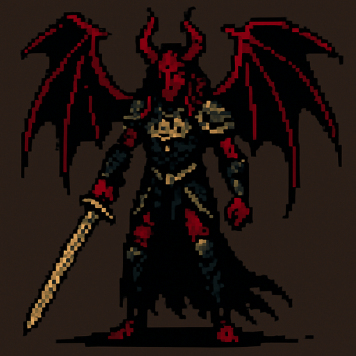 Lucifer character dark souls style 2d pixel art.
In-Game asset.  2d.  High contrast.  No shadows