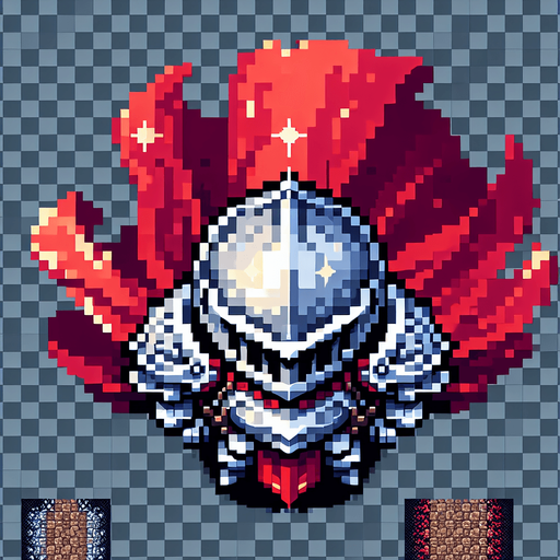 A pixelated 2D knight character sprite viewed from directly above, wearing silver armor and a red cape. The character is simplified to basic shapes - a circular body with rectangular shoulder plates. The cape extends behind the character. Clean pixel art style with no shading, designed for top-down gameplay..
Single Game Texture. Top-down view. Pixel art. Game character sprite. 32x32 pixels. Transparent background. 2D game asset. Clean edges. No anti-aliasing. High contrast colors. Character centered.