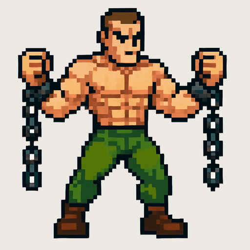 A normal human being but has chains on arms and muscular body pixelart.
In-Game asset.  2d.  High contrast.  No shadows