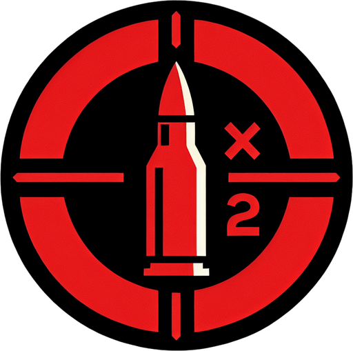 red  circle with black background and bullet on middle next to x2 symbol.
Single Game Texture. In-Game asset. 2d. Blank background. High contrast. No shadows.