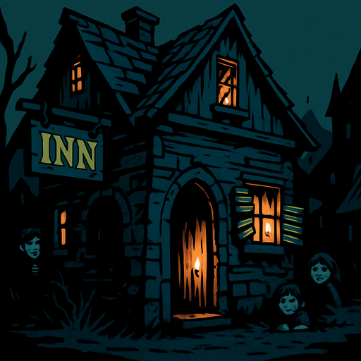 A rundown inn on the edge of a village, candlelight flickering through broken shutters, children peeking from dark corners, cold and lonely air.
In-Game asset.  2d.  High contrast.  No shadows