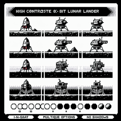 8-bit. Lunar Lander. 2d. various options per image. Single Game Texture. In-Game asset. 2d. Blank background. High contrast. No shadows..
Single Game Texture. In-Game asset. 2d. Blank background. High contrast. No shadows.
