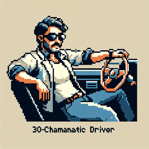 pixel art image of a 30-year-old cool-looking driver guy in a vintage retro 1980s style, depicted in a 3/4 view. The driver should be leaning back casually, exuding confidence and style, with one hand on the wheel as if driving. Single Game Texture. In-Game asset. 2d. Blank background. High contrast. No shadows.