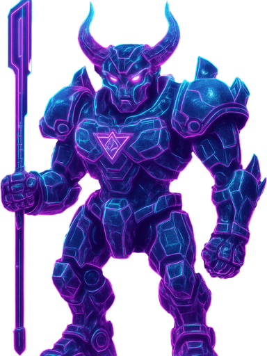 Neon cyberpunk 3d hologram corporate occult demon android mecha robot sentinel guard soldier machine monster fully in frame no part cut off no background anime futuristic