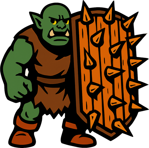 Orc with a big wooden shield full of spikes.
In-Game asset.  2d.  High contrast.  No shadows