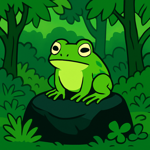 gambar 2d anime kodok hijau di atas batu hitam dalam hutan.
In-Game asset.  2d.  High contrast.  No shadows