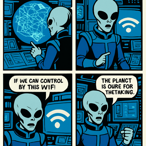 "Comic book style 4 panels of grey alien commander receiving transmission on holographic display showing Earth's internet infrastructure map,  text bubbles saying ' we have caught the earthlings lacking'  'they are controlled by this WiFi signal' 'if we can control the WiFi, we can enslave them all' 'the planet is ours for the taking' sci-fi comic book technology designs".
In-Game asset.  2d.  High contrast.  No shadows