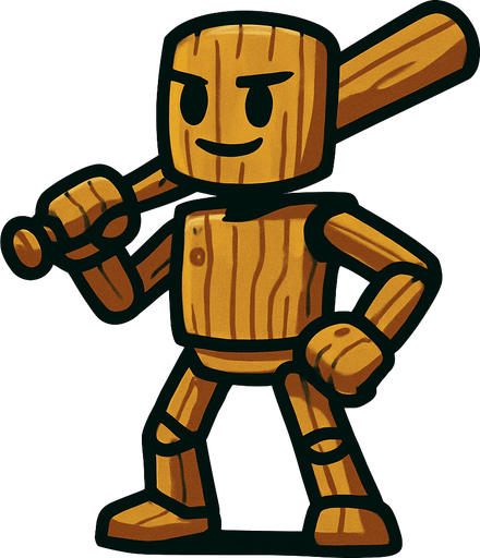 anthropomorphic wooden figure holding a baseball bat.
In-Game asset.  2d.  High contrast.  No shadows