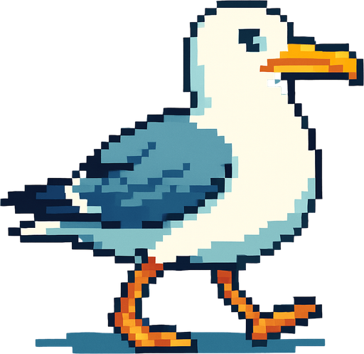 very big seagull looking to the right, pixelart, walking.
In-Game asset.  2d.  High contrast.  No shadows