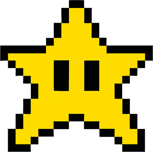 Yellow star with Black eyes style pixel art.
2d.  High contrast.  No shadows