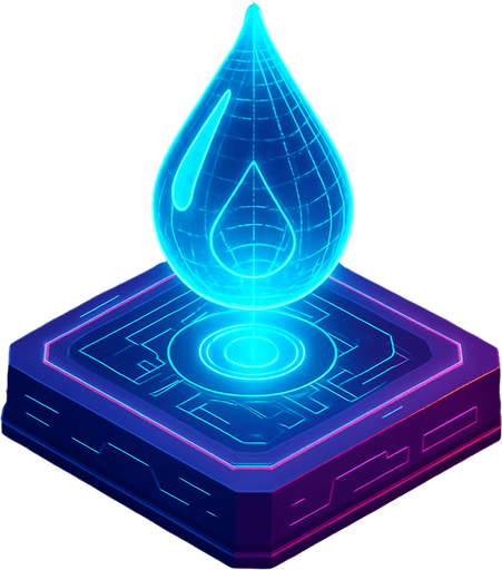 Top down isometric neon cyberpunk 3d glowing water drop hologram projection