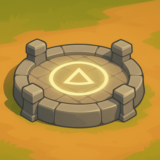 Crea un asset de Plataforma de Construcción de Torre Defensora en un estilo 2D renderizado, limpio y cartoonish, con contornos claros y definidos, colores vibrantes con transiciones suaves, y sombreado que dé volumen. Debe ser un espacio claramente definido donde el jugador pueda construir una torre.

Forma: Un círculo o una plataforma octogonal ligeramente elevada del suelo.

Textura: La superficie de la plataforma podría ser de piedra lisa, adoquines, o un patrón de madera entrelazada.

Color: Los colores deben ser neutros o ligeramente contrastantes con el terreno circundante para que sea visible. Tonos de gris, marrón claro o beige podrían funcionar bien.

Indicador de Construcción: Debe haber una indicación clara de que se puede construir algo aquí. Esto podría ser un glifo o símbolo sutil grabado en la superficie, o un halo de luz tenue que emana de la plataforma, o cuatro pequeños soportes/pilares en las esquinas/bordes para sugerir una base..
In-Game asset.  2d.  High contrast.  No shadows