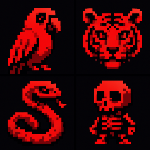 Ekranı 4 e böl ve 4 tane pet 2 d yap pixel biri papağan biri kaplan biri yılan biri de kemikten oluşan gizemli bir pet siyah kırmızı tarzı renkler kullan.
In-Game asset.  2d.  High contrast.  No shadows