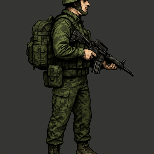 Komando, yazısız, gerçekçi, yandan görünüm, bütün vücudu görünsün.
In-Game asset.  High contrast.  No shadows