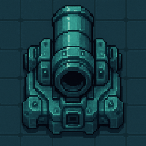 top down sci-fi fat barrel cannon, teal metal, pixel art