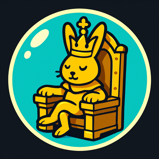 a bubble with a golden king rabbit inside sitting in a throne.
In-Game asset.  2d.  High contrast.  No shadows
