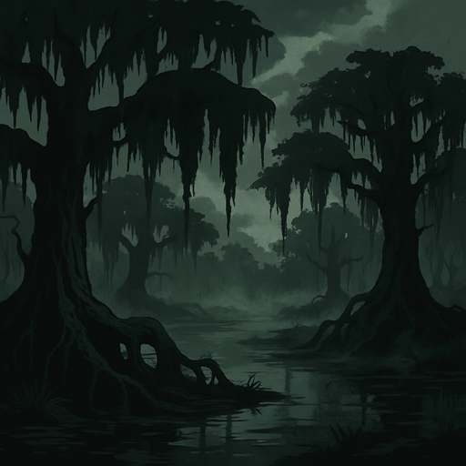 A gloomy medieval swamp with moss-draped trees, murky water reflecting a grey sky, eerie fog drifting over twisted roots, dark fantasy mood, realistic.
In-Game asset.  2d.  High contrast.  No shadows