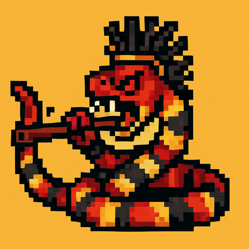 Genérame una Serpiente coral guerrero azteca con eso patrones, estilo pixelar, con una apariencia maligna, ojos rojos, rabioso. Unidad a distancia, con cerbatana. Animal.
In-Game asset.  2d.  High contrast.  No shadows