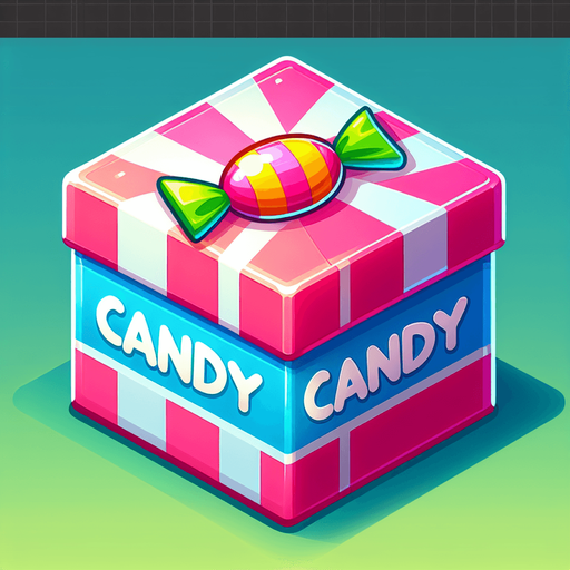 scatola vuota, ma colorata con scritta candy.
Single Game Texture. In-Game asset. 2d. Blank background. High contrast. No shadows.