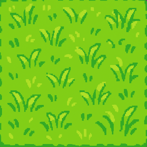 Top-down view of a single cartoon-style grass tile, seen from above, 2D game style, seamless and repeatable texture, bright colors, hand-drawn or pixel-art style, soft grass texture, 32x32 sprite..
In-Game asset.  2d.  High contrast.  No shadows