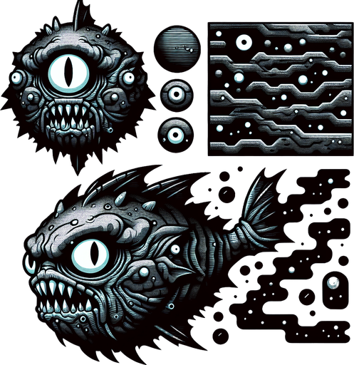 kötü balık.
Single Game Texture.  In-Game asset.  2d.  Blank background.  High contrast.  No shadows