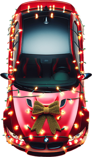 Photorealistic red BMW M3 Wrapped with Christmas lights that light up in various colors, little golden bow on hood, top view