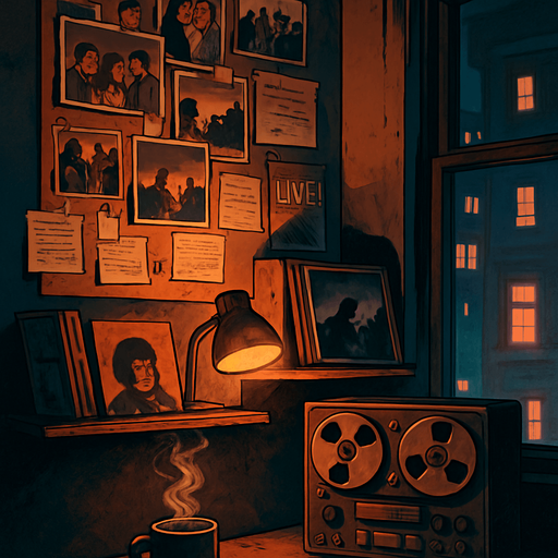 A 2048x2732 vertical background illustration in a semi-realistic comic book style. The setting reveals a nostalgic, dimly lit corner of the same urban apartment from the previous scenes. This part of the room showcases a personal wall collage filled with printed photographs, old event posters, and handwritten notes — all pinned with care and glowing softly under a small warm desk lamp. A wooden shelf holds vinyl covers, retro magazines, and a framed photo of a live DJ performance. On a nearby desk, a coffee mug steams next to an analog tape recorder, gently lit by the reflection of neon city lights from outside the window. The atmosphere is rich with memories, inspiration, and creative legacy. No characters, no text — just a sentimental space for the credits menu backdrop..
In-Game asset.  2d.  High contrast.  No shadows