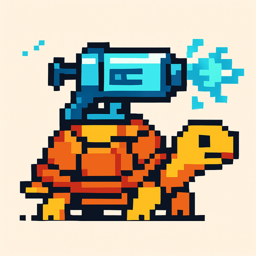 a turtle with an ice gun on her shell, pixelart.
In-Game asset.  2d.  High contrast.  No shadows