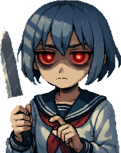 Stella is a 15-year-old anime girl—sweet and incredibly kawaii—with short, soft hair in a bluish-gray tone (HEX: #b0b9d8) and deep black eyes. She wears a traditional Japanese school uniform, the classic sailor-style fuku. In her right hand, she holds a butcher knife. Her expression is serious, and her eyes, now glowing with an intense yandere red, reflect jealousy and obsession. Dark under-eye circles emphasize her unsettling gaze.

She is inside a high school locker in a Japanese school. Her right hand is slightly raised, gripping the knife, while her left hand gently touches the blade with her index finger, mimicking the motion of a clock hand—adding to the eerie atmosphere. To emphasize the feeling of being inside the locker, soft light shines through the ventilation slits, casting dramatic shadows across her face.

The entire scene is rendered in detailed Pixel Art style, enhancing both the cuteness and the unsettling atmosphere of the character and setting.