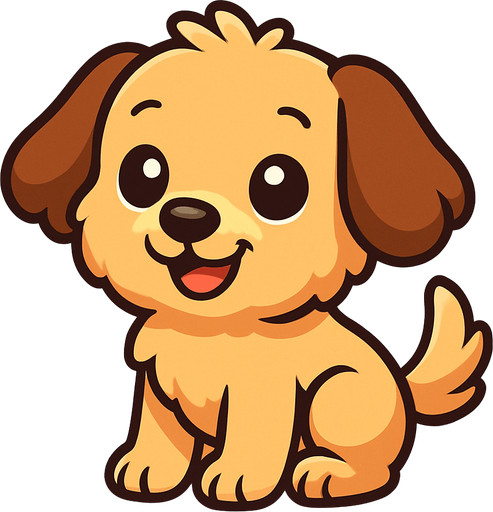 A cute cartoon-style dog character designed for a mobile game. Fluffy fur, big round eyes, floppy ears, small black nose, wagging tail, standing or sitting with a joyful and friendly expression. Light brown or beige color, simple colorful background. High-quality digital illustration, perfect for a kids game..
In-Game asset.  2d.  High contrast.  No shadows. cartoon style