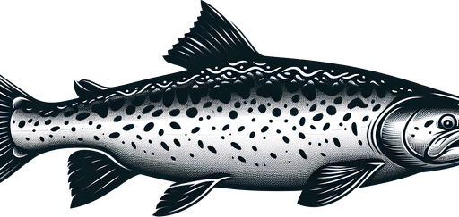A swimming salmon.
Single Game Texture. In-Game asset. 2d. Blank background. High contrast. No shadows.