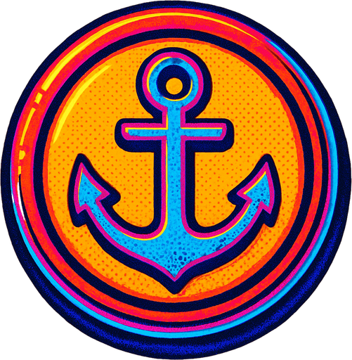 A round button with an embossed edge with an anchor in the center. 80s arcade machine graphics..
In-Game asset.  2d.  High contrast.  No shadows